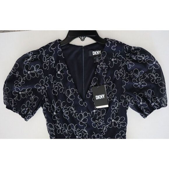 DKNY DD2F3346 Women's Sz 6 Black Embroidered Faux-Wrap Sheer-Sleeve Dress $139+ - Picture 8 of 16